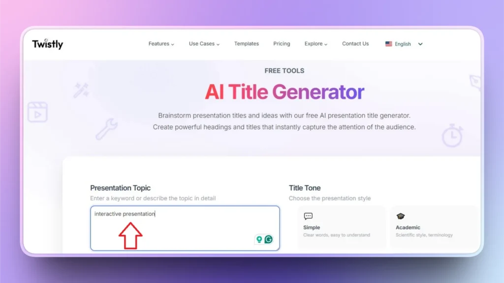 Website interface of Twistly's AI Title Generator with text input "interactive presentation" and tone options.