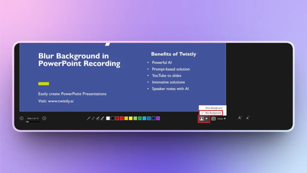 PowerPoint slide showing "Blur Background in PowerPoint Recording" with benefits of Twistly and interface toolbar.