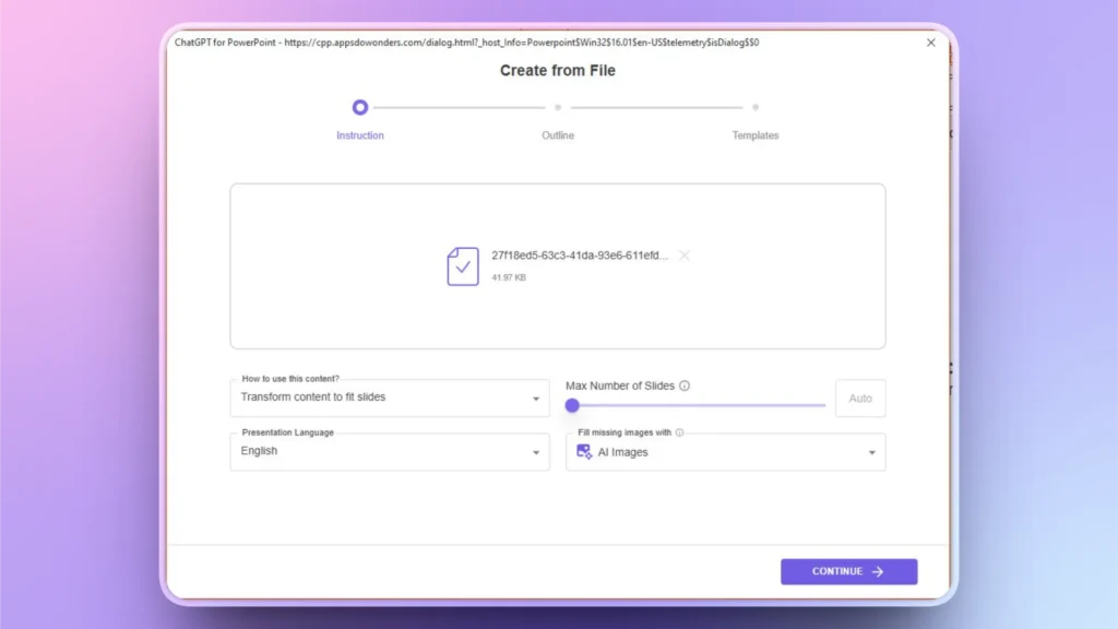 Screenshot of a ChatGPT for PowerPoint interface showing file upload and slide settings.