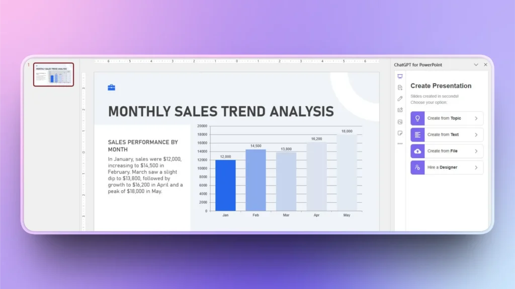 PowerPoint slide titled "Monthly Sales Trend Analysis" with a bar chart and sales data from January to May.