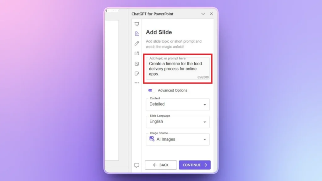 Screenshot of ChatGPT for PowerPoint interface displaying a prompt to create a food delivery timeline.