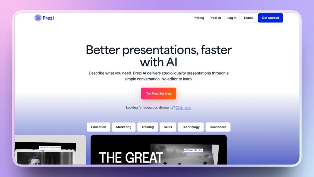 Website homepage of Prezi AI with a white and purple gradient background, featuring the headline "Better presentations, faster with AI" and a prominent red button labeled "Try Prezi for free.