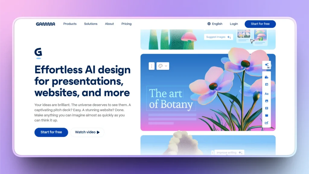Screenshot of Gamma AI design website with text "Effortless AI design for presentations, websites, and more" and floral digital artwork.