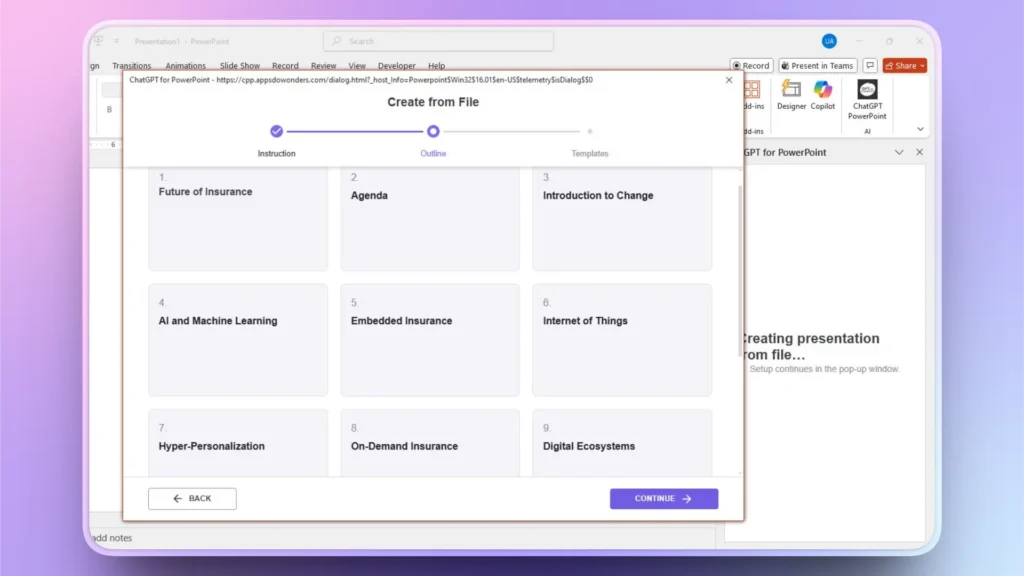 Screenshot of a PowerPoint interface displaying ChatGPT for PowerPoint outline creation window with insurance-related topics.