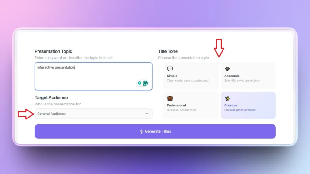 Screenshot of a presentation title generator with "interactive presentation" topic and Creative tone selected.