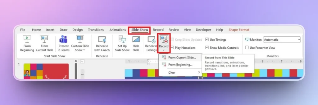 Screenshot of Microsoft PowerPoint ribbon highlighting Slide Show tab and Record Slide Show options.