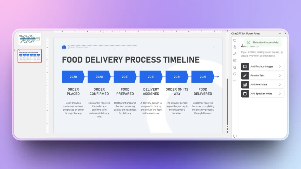 Screenshot of a PowerPoint slide displaying a food delivery process timeline with blue arrows and descriptive text.