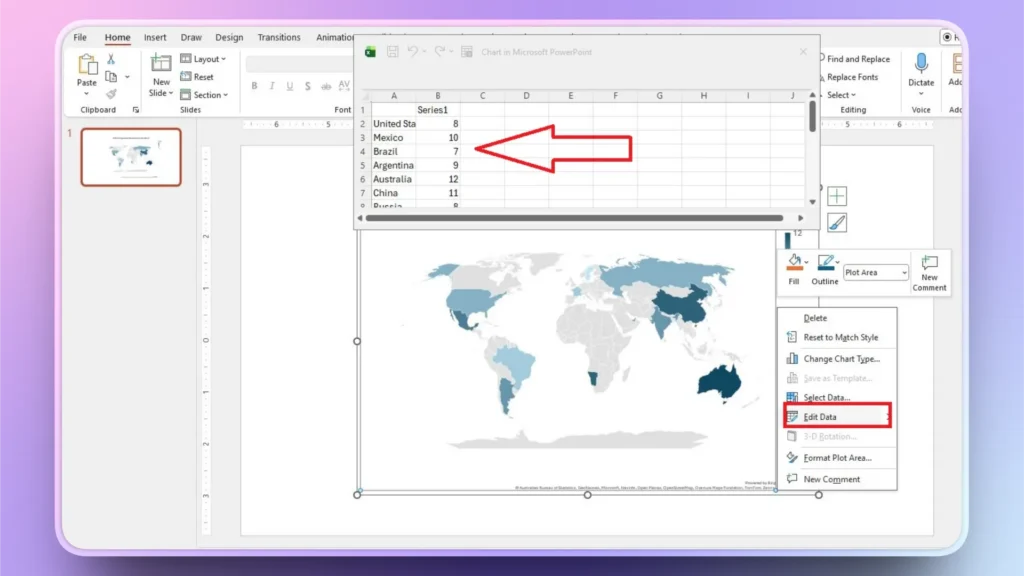 Screenshot of a PowerPoint slide with a world map chart and Excel data sheet highlighted.