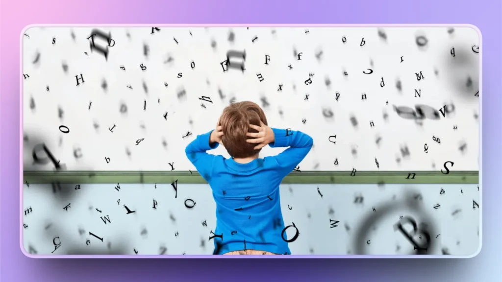 Young boy in blue shirt holding head surrounded by floating black letters on white background.