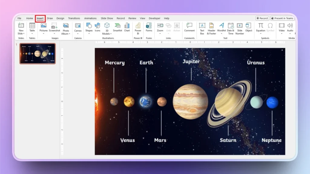 Screenshot of a PowerPoint slide displaying an illustrated solar system with labeled planets.