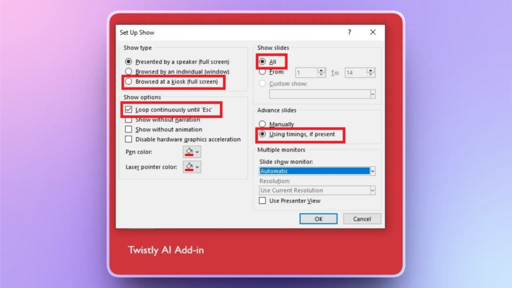 Screenshot of a PowerPoint "Set Up Show" dialog box with multiple options highlighted in red.