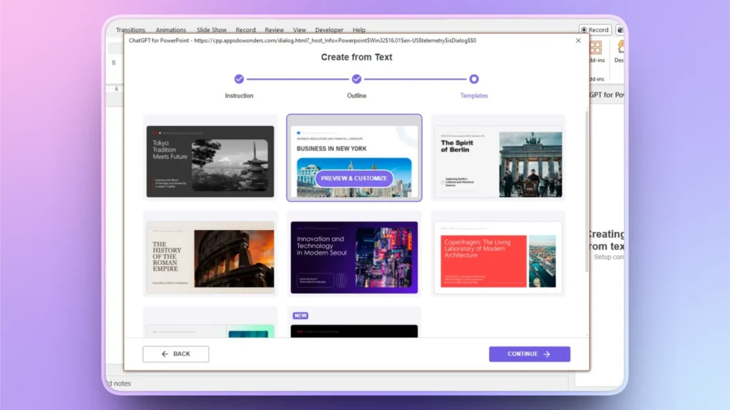 Screenshot of a PowerPoint add-in interface displaying various presentation template options.