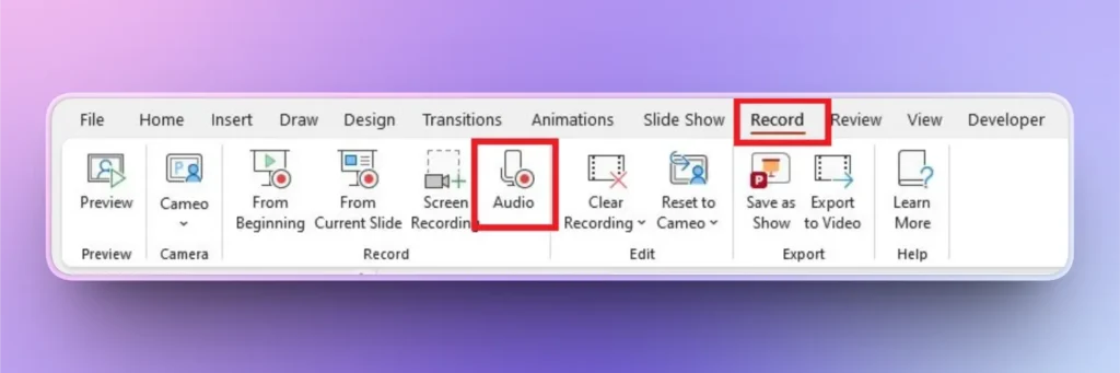 Microsoft PowerPoint toolbar focused on the Record tab with Audio option highlighted.