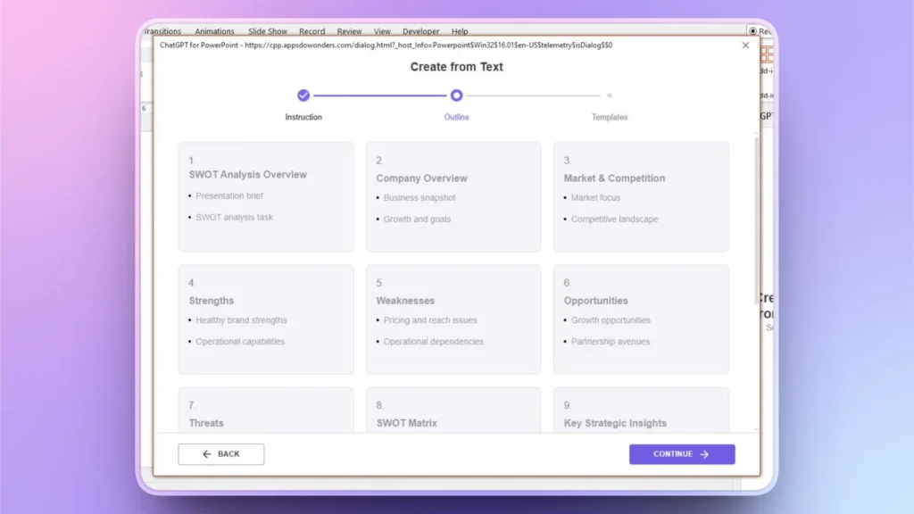 Screenshot of ChatGPT for PowerPoint interface displaying "Create from Text" outline with SWOT analysis, company overview, market competition, strengths, weaknesses, opportunities, threats, SWOT matrix, and strategic insights.