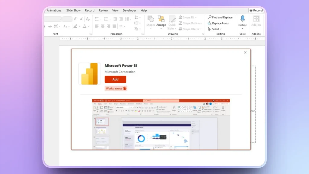 Screenshot of Microsoft Power BI add-in installation window within a presentation software interface.