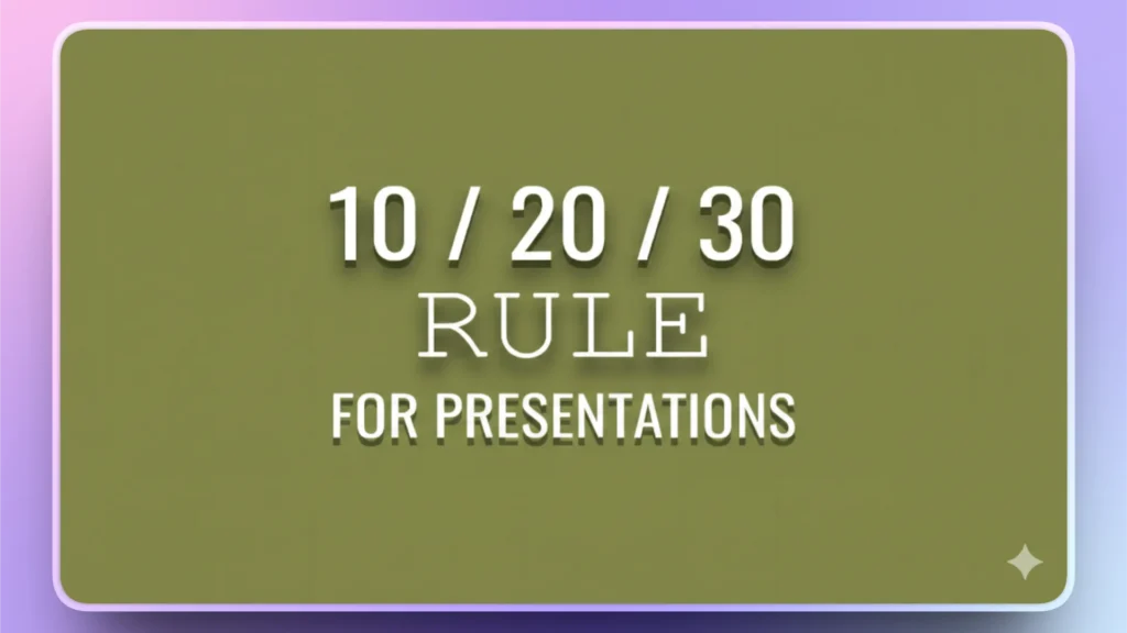 Text on olive green background reading "10 / 20 / 30 Rule for Presentations" with rounded corners.