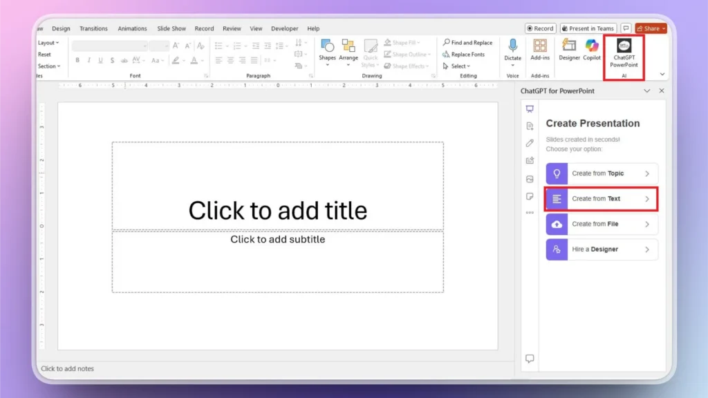 Screenshot of PowerPoint interface with ChatGPT PowerPoint AI add-in sidebar for creating presentations.