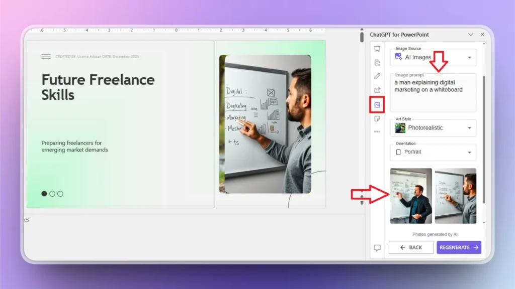 Screenshot of a PowerPoint slide titled "Future Freelance Skills" with a man explaining digital marketing on a whiteboard.