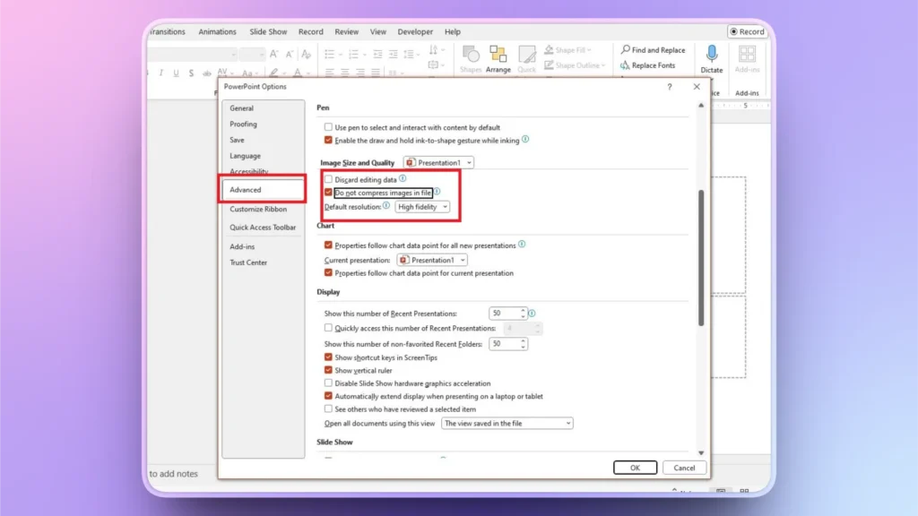 Screenshot of PowerPoint Options window on Advanced settings tab with image compression options highlighted.