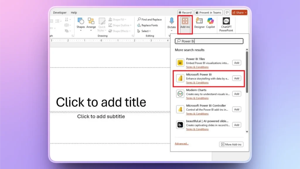 Screenshot of Microsoft PowerPoint interface showing the Add-ins menu with Microsoft Power BI add-in highlighted.