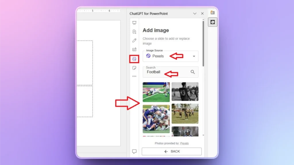 Screenshot of ChatGPT for PowerPoint interface showing image search from Pexels with football images displayed.