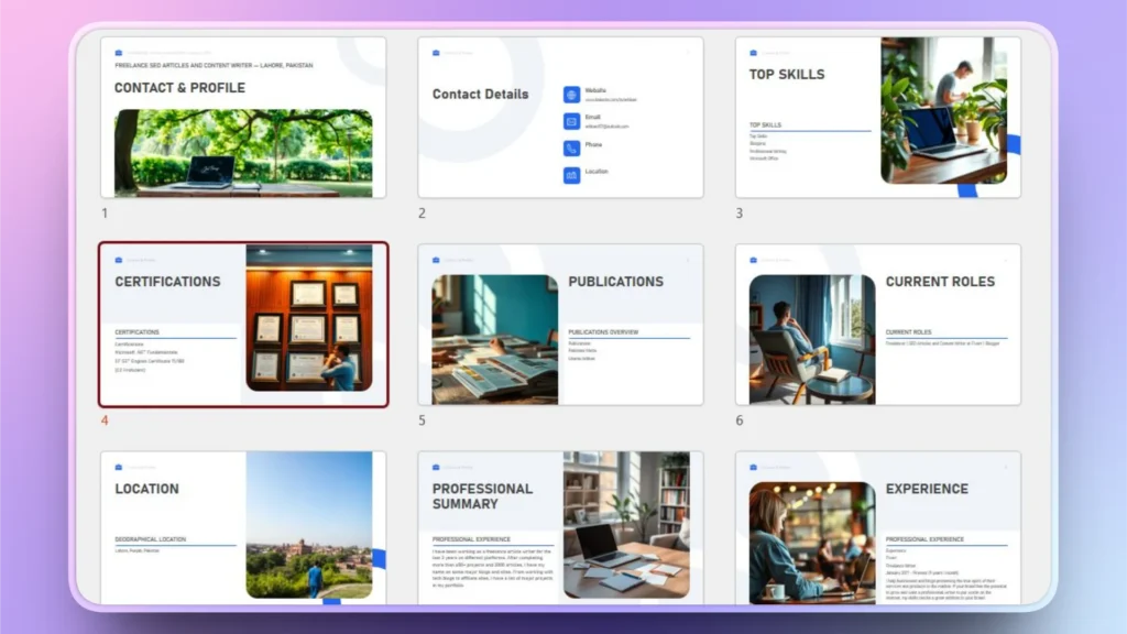 Portfolio overview slides showing contact, skills, certifications, publications, roles, location, summary, and experience.