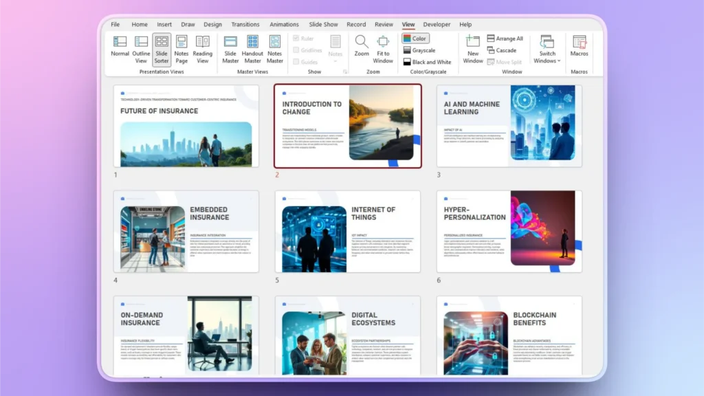 Slide sorter view of a presentation on insurance topics with nine slides and various images.