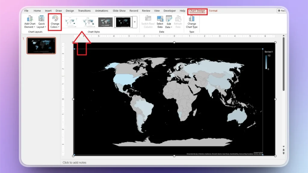 PowerPoint interface displaying a world map chart with highlighted "Chart Design" and "Change Colors" options.