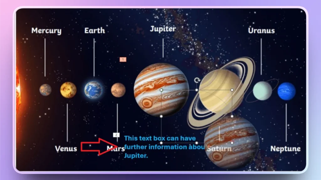 Diagram of the solar system planets with a red arrow pointing to Mars and a text box near Jupiter.