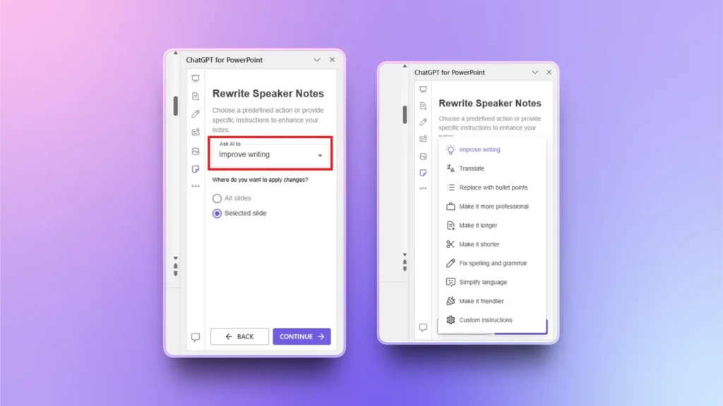 Screenshot of ChatGPT for PowerPoint interface showing options to rewrite speaker notes with tasks like improve writing, translate, and fix grammar.