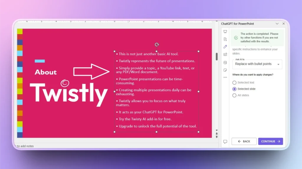 PowerPoint slide titled "About Twistly" with bullet points and ChatGPT for PowerPoint sidebar.