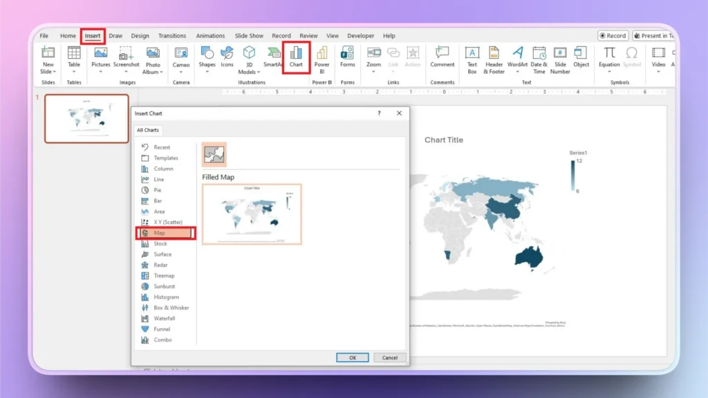 Screenshot of a presentation software showing the Insert tab with the Chart and Map options highlighted.
