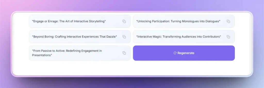 User interface displaying six interactive storytelling and engagement presentation titles with a purple "Regenerate" button.