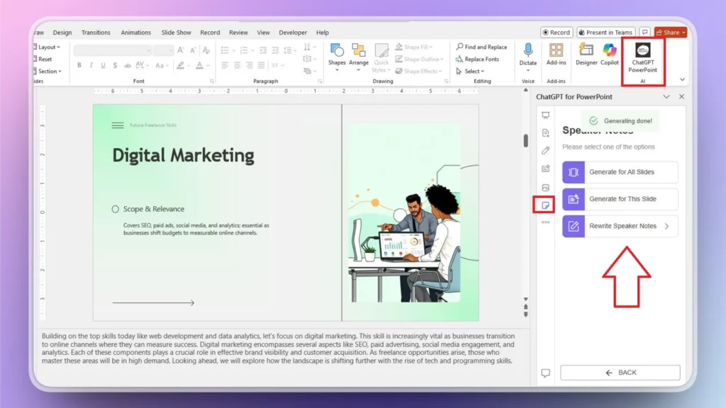 Screenshot of a PowerPoint slide titled "Digital Marketing" with ChatGPT PowerPoint AI add-in sidebar visible.