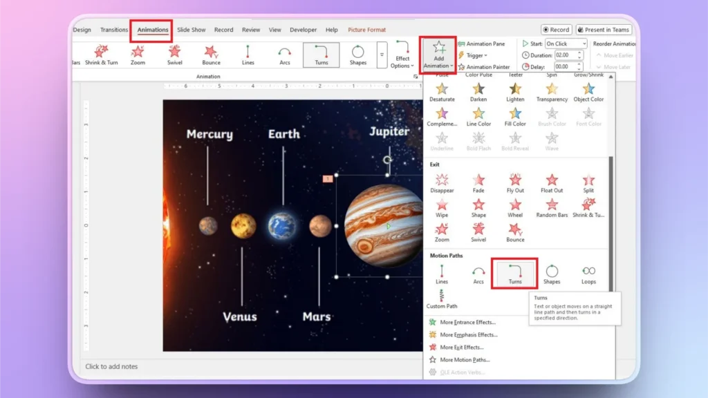 PowerPoint interface showing Animations tab with solar system slide and "Turns" animation option highlighted.