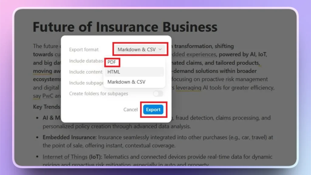 Screenshot of an export options menu with formats Markdown & CSV, PDF, HTML, and an Export button.