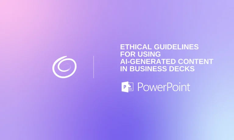 Presentation slide with purple gradient background, white swirl logo, and text "Ethical Guidelines for Using AI-Generated Content in Business Decks," PowerPoint logo.