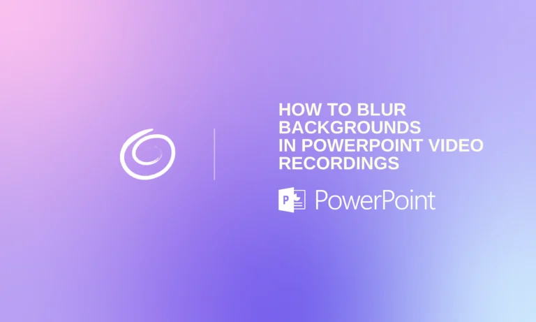 Gradient purple and pink background with white text "How to blur backgrounds in PowerPoint video recordings" and PowerPoint logo.