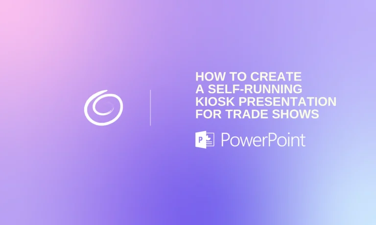 Purple and pink gradient background with white swirl logo and text about creating self-running kiosk presentations using PowerPoint.