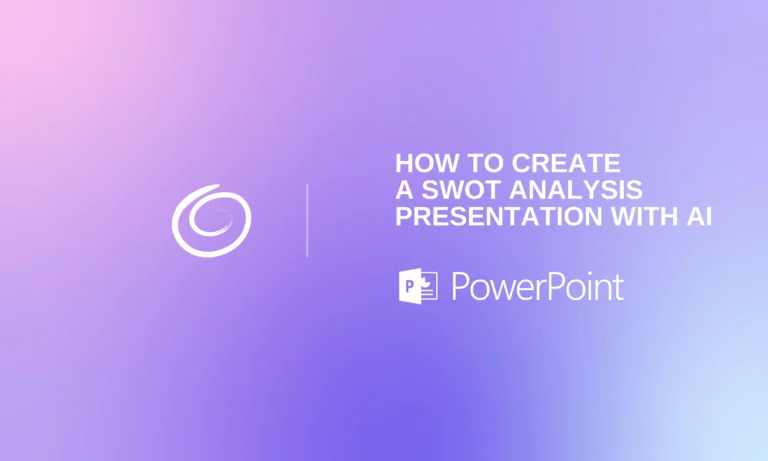 Gradient purple and pink background with white swirl logo and text "How to create a SWOT analysis presentation with AI" and PowerPoint logo.