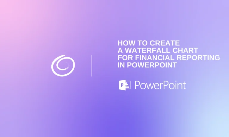 Gradient background with purple and pink hues, white swirl logo, and text about creating a waterfall chart in PowerPoint.