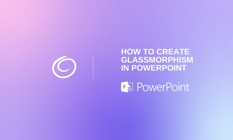Gradient background with pink and purple hues, displaying text "How to create glassmorphism in PowerPoint" and the PowerPoint logo.
