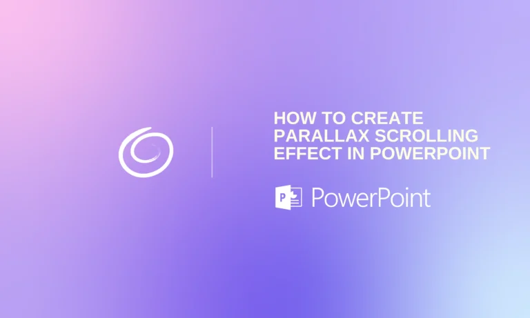 Gradient purple and pink background with text "How to create parallax scrolling effect in PowerPoint" and PowerPoint logo.