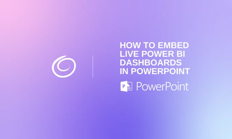 Gradient purple and pink background with white text about embedding live Power BI dashboards in PowerPoint.