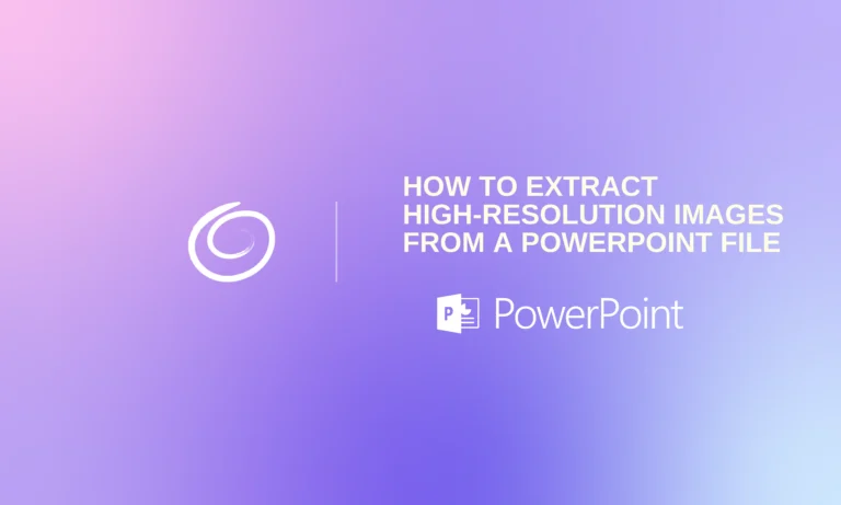 Gradient purple and pink background with text "How to extract high-resolution images from a PowerPoint file" and PowerPoint logo.