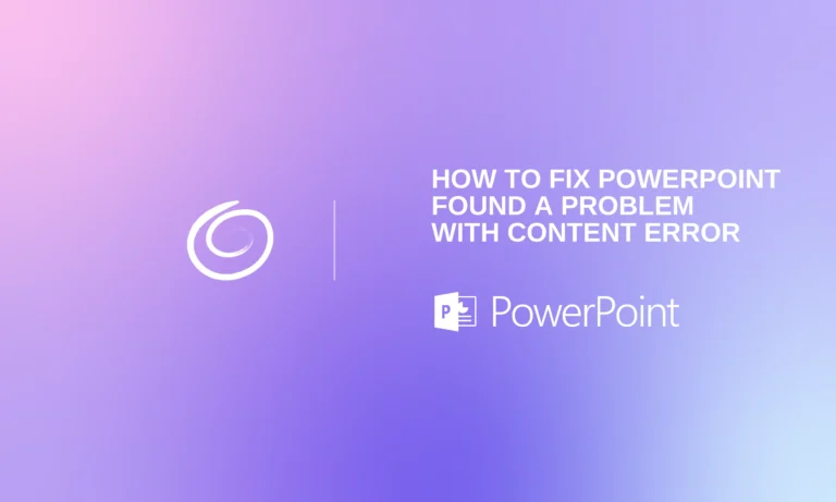 Gradient purple and pink background with white text "How to fix PowerPoint found a problem with content error" and PowerPoint logo.