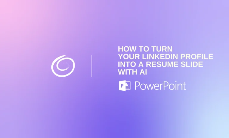 Gradient purple and pink background with white text "How to turn your LinkedIn profile into a resume slide with AI" and PowerPoint logo.