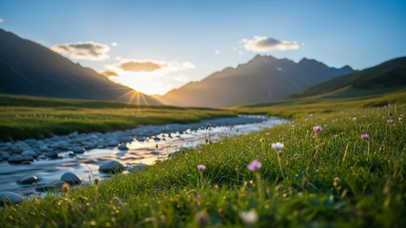 Sunset over a mountain valley with a flowing river and wildflowers in the foreground.