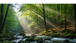 Sunlight filtering through dense green forest over moss-covered rocks and flowing stream.