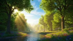 Sunlit river flowing through a green forest with trees and wildflowers under a blue sky.